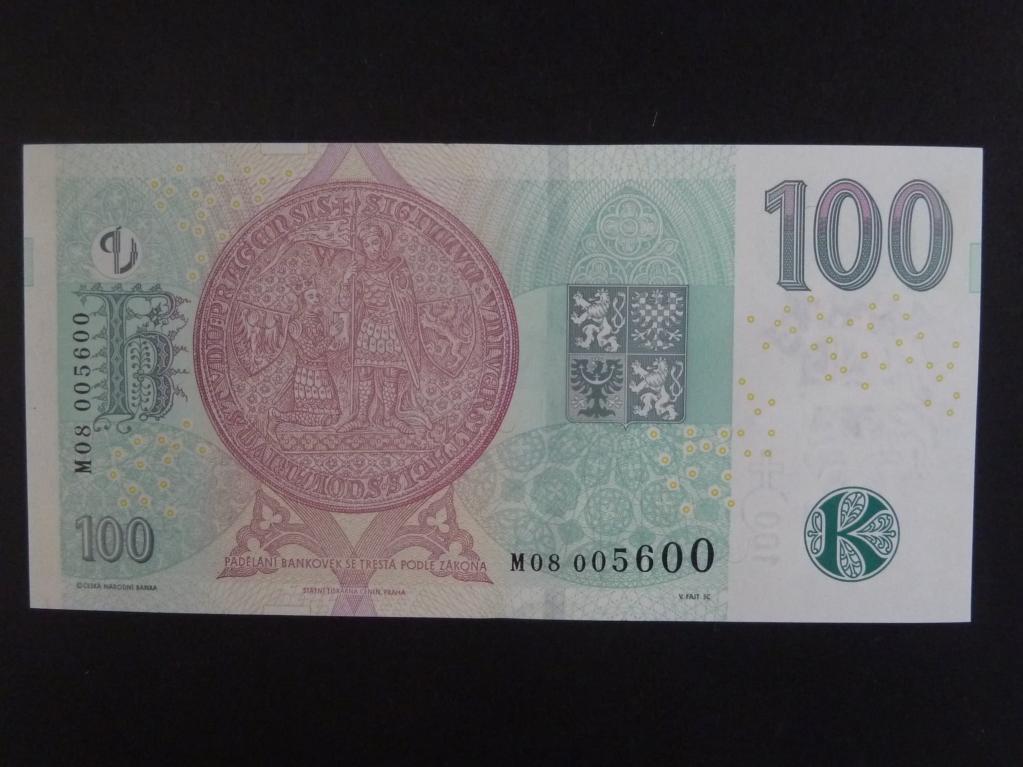 100 Kč 2019 s. M 08 č. 005600 s přítiskem ČNB 100 LET Kč 1919 - 2019