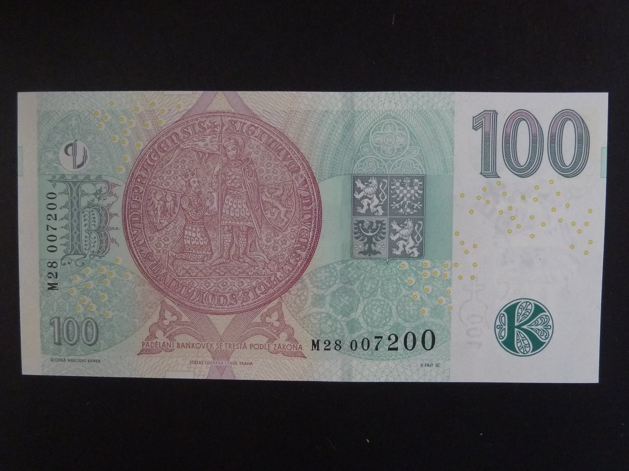 100 Kč 2019 s. M 28 č. 007200 s přítiskem ČNB 100 LET Kč 1919 - 2019
