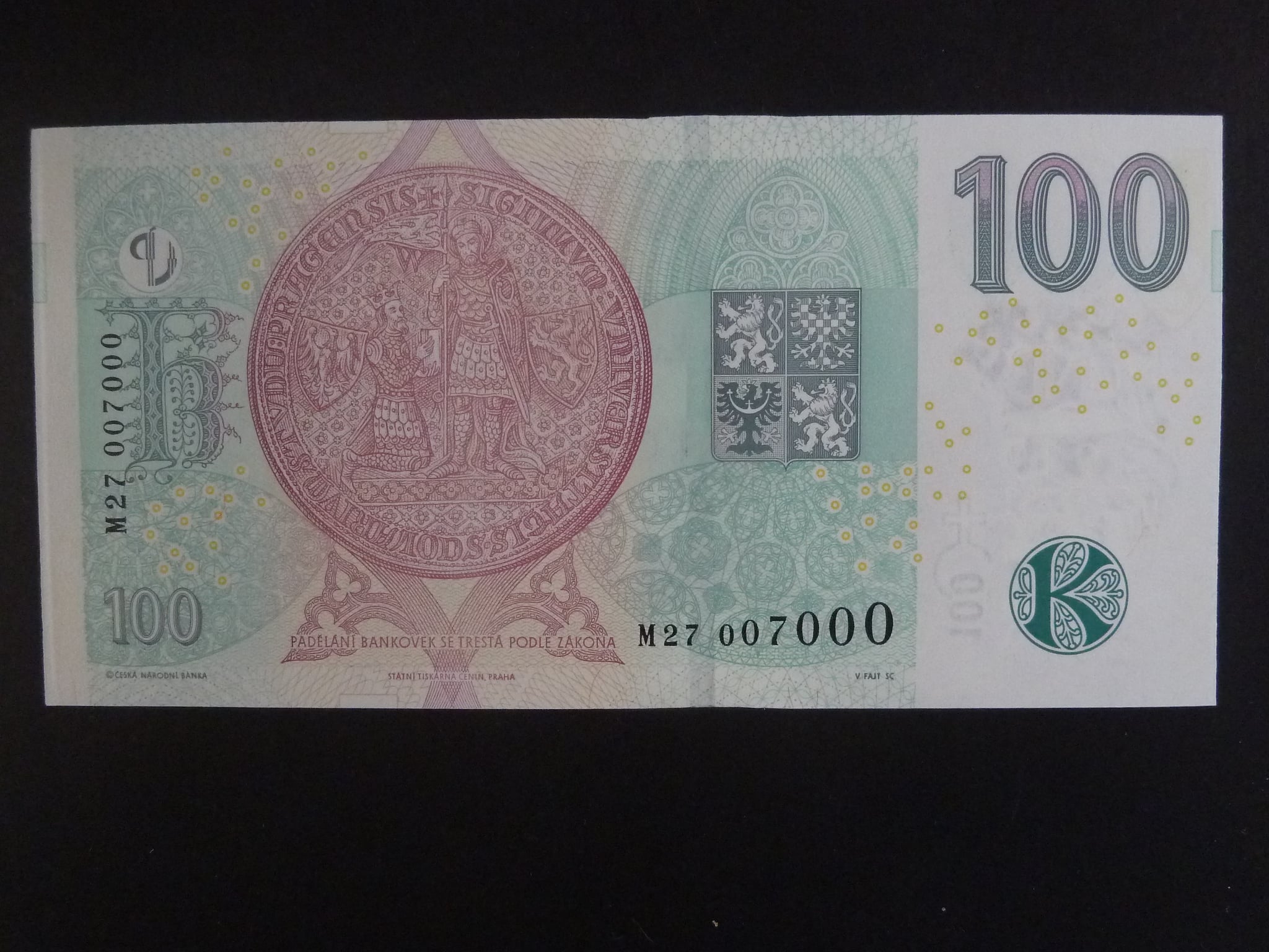 100 Kč 2019 s. M 27 č. 007000 s přítiskem ČNB 100 LET Kč 1919 - 2019