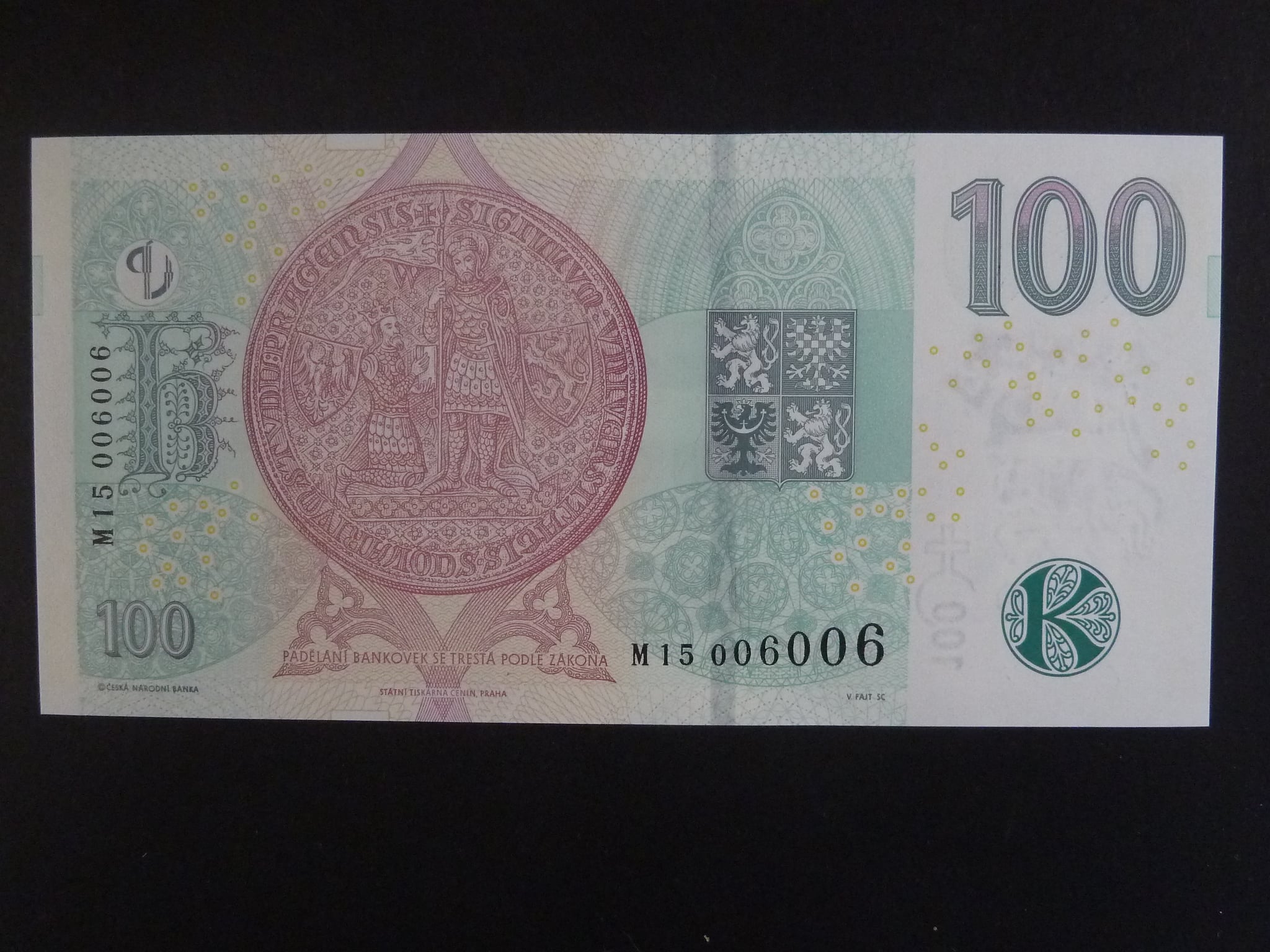 100 Kč 2019 s. M 15 č. 006006 s přítiskem ČNB 100 LET Kč 1919 - 2019