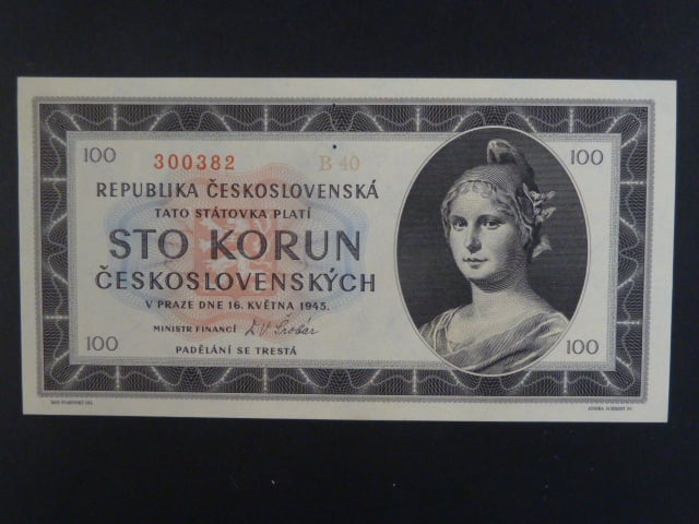 100 Kčs 1945 série B 40 perf. 3md nad sebou