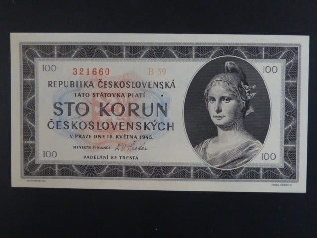 100 Kčs 1945 série B 39 perf. 3md nad sebou