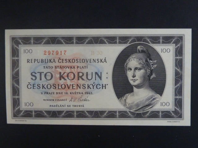 100 Kčs 1945 série B 30, perf. "3md" nad sebou