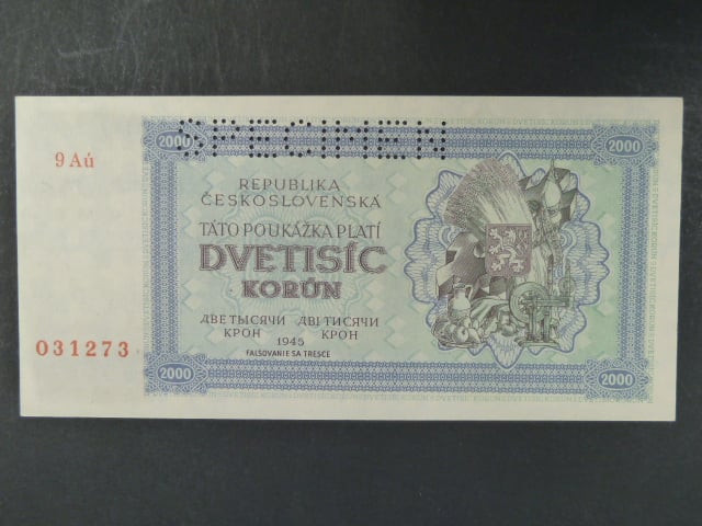 2000 K 1945 série 9Aú, perf. SPECIMEN nahoře, poloha vodoznaku A
