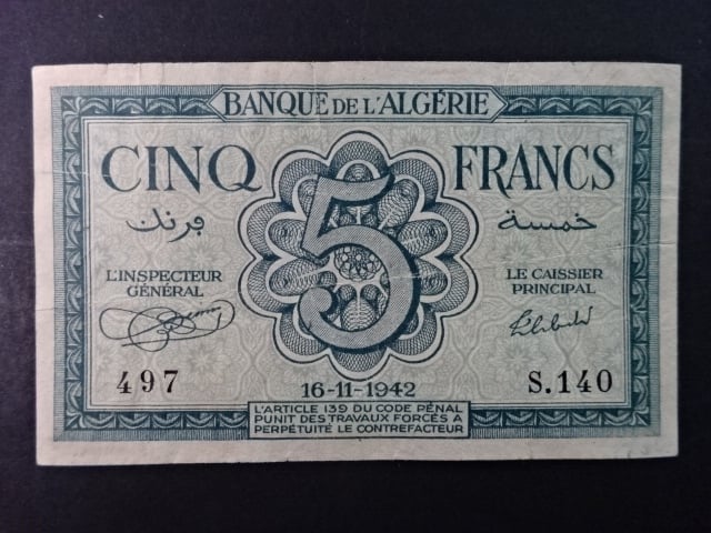 ALŽÍR, 5 Francs 1942, BNB. B134a