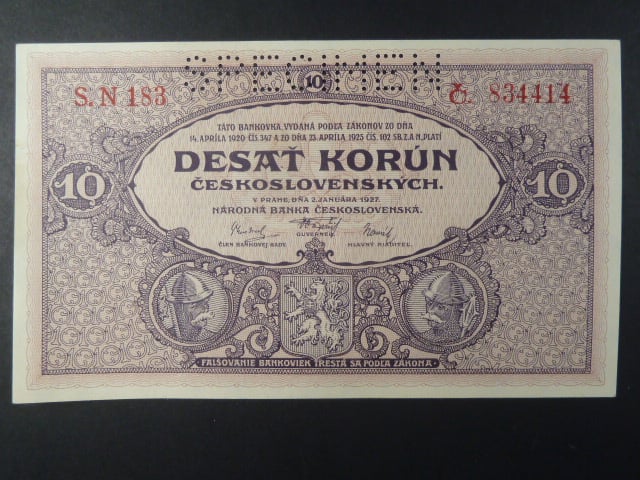 10 Kč 1927 série N 183, perf. SPECIMEN