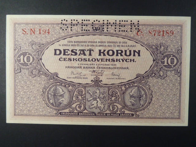 10 Kčs 1927 série N 194, perf. SPECIMEN