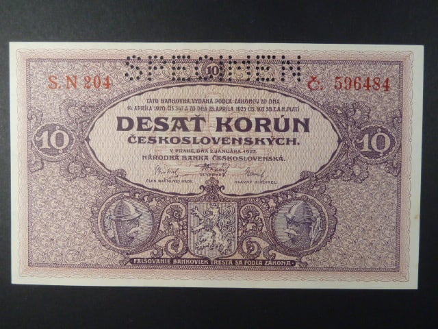 10 Kčs 2.1.1927 série N 204, perf. SPECIMEN