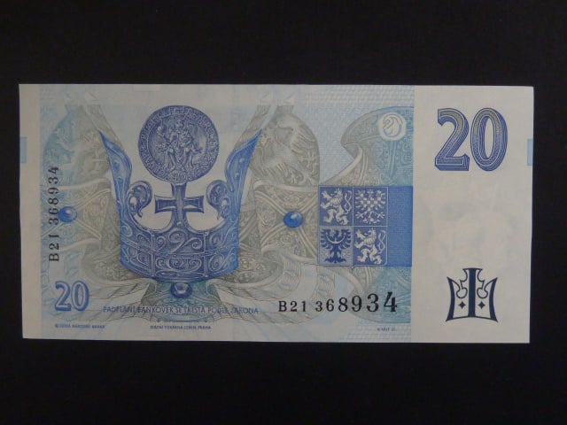 20 Kč 1994 s. B 21 proužek vpravo, Baj. CZ 10a, Pi. 10a