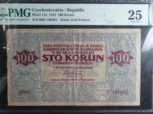 100 Kč 1919 série 0001, PMG 25, poškozený levý horní roh