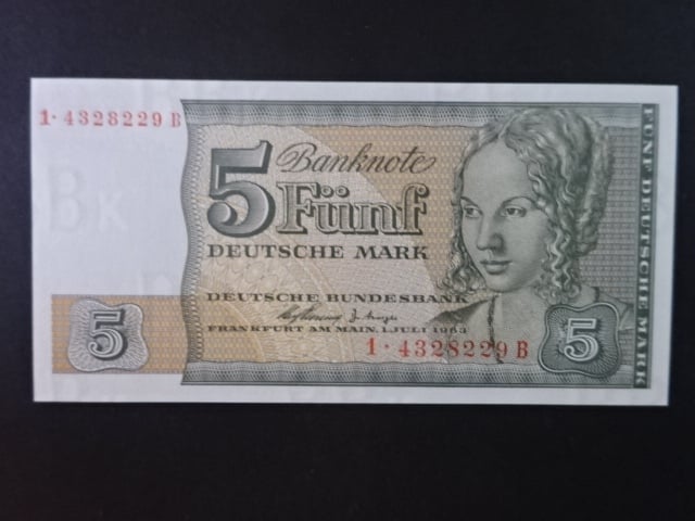 Bundesrepublik, Bundeskassenscheine 5 DM 1.7.1963 série 1/B nevydaná státovka, Ro. 313, Grab. BRD-61a