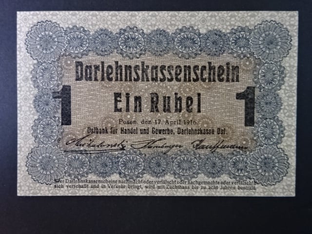 vydání pro obsazené území 1914 - 1945, okupace Pobaltí 1916 - 1918, Posen, 1 Rubel 17.4.1916 Darlehnskassenschein Posen, Ros. 459d, Grab. EWK-35d