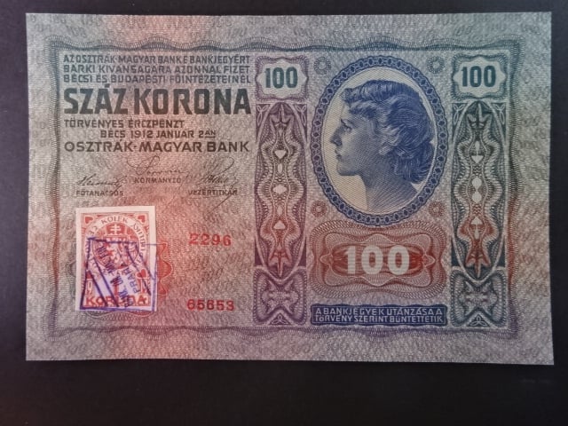 100 K 1912, padělaný kolek s raz. "BÚMF..." Da. 1