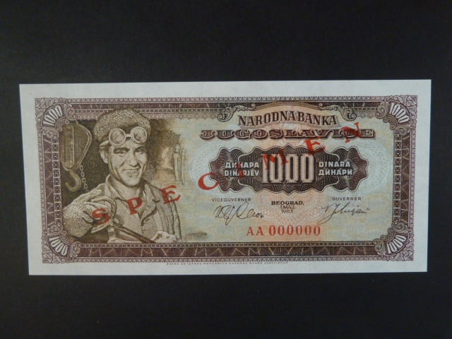 1000 Dinara 1963 série AA 000000 s přeriskem SPECIMEN, BNB. B403as, Pi. 75s