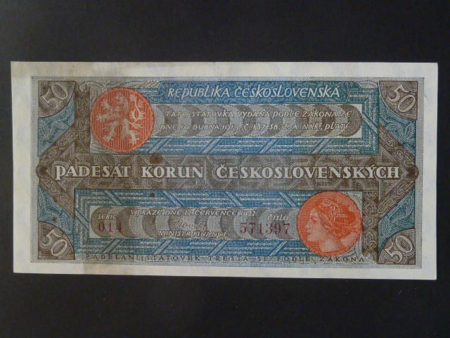 50 Kč 12.7.1922 série 014 číslovač 4d úzké číslice, bez přehybů, skvrnky a fleky