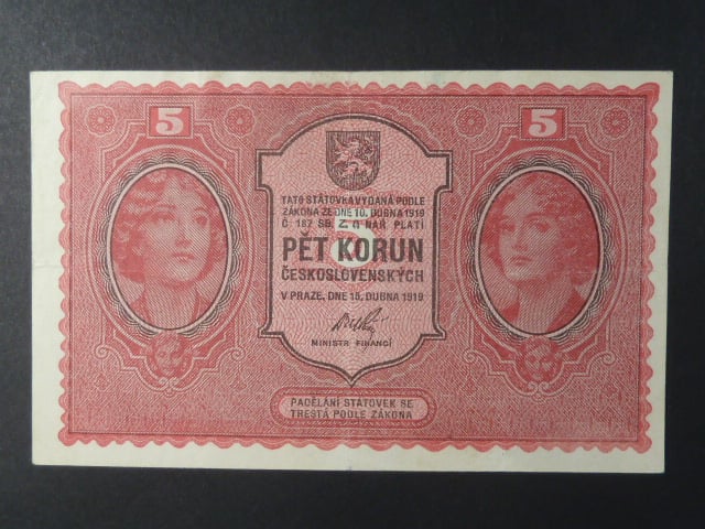 5 Kč 15. 4. 1919 série 0041 varianta bez tečky za Č