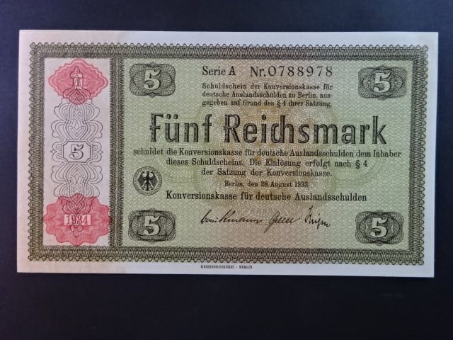 Konversionskassenschein, 5 RM 28.8.1933 série a s přetiskem 1/1934 v giloši, Ro. 708a, Grab. DEU-232a