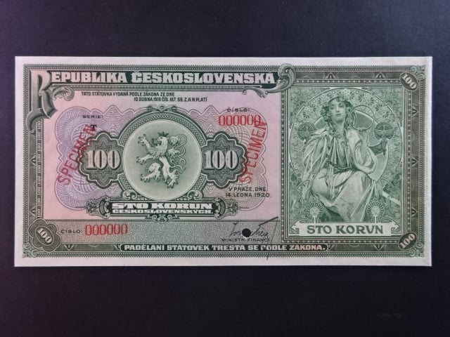 100 Kč 14.1.1920 s. T anulát, 2x přetisk SPECIMEN