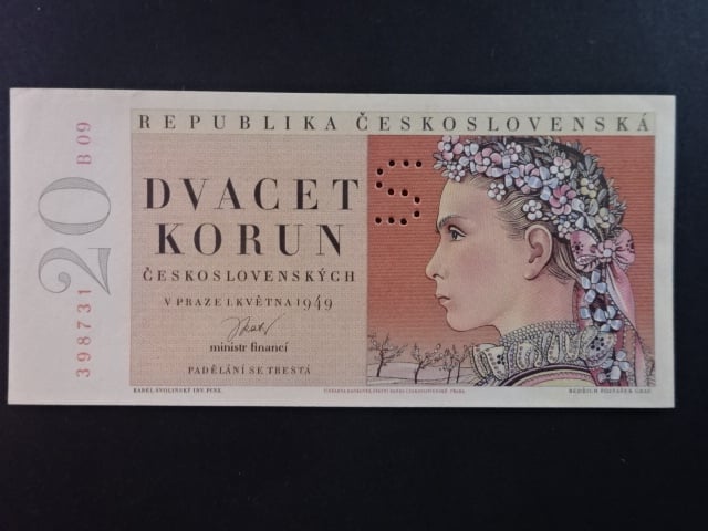 20 Kčs 1949 série B 09, perf. "S"