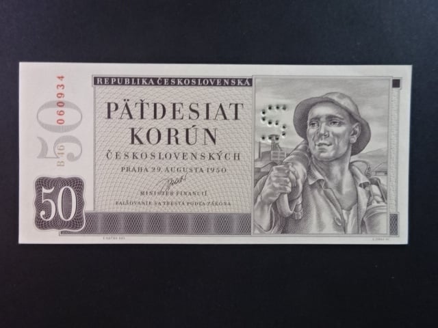 50 Kčs 29.8.1950, série B 46, perforace "S"