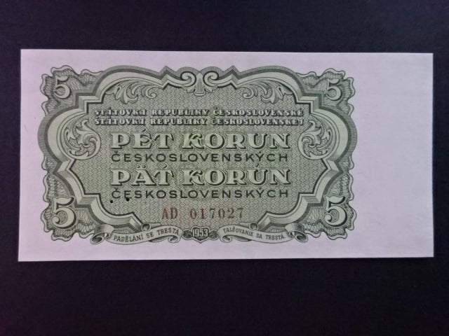 5 Kčs 1953 série AD, tiskárna Goznak Moskva, perf. 3md do obloučku
