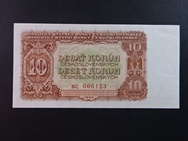 10 Kčs 1953 série NC, tiskárna STC Praha, perf. 3md do obloučku