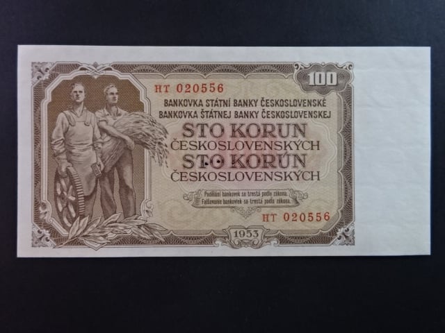 100 Kčs 1953 série HT, tiskárna STC Praha, perf. 3md do obloučku
