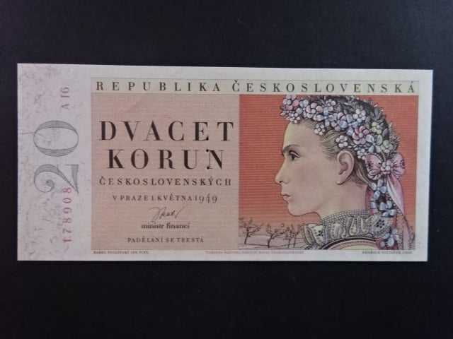20 Kčs 1.5.1949, série A 16, perforace 3md nad sebou