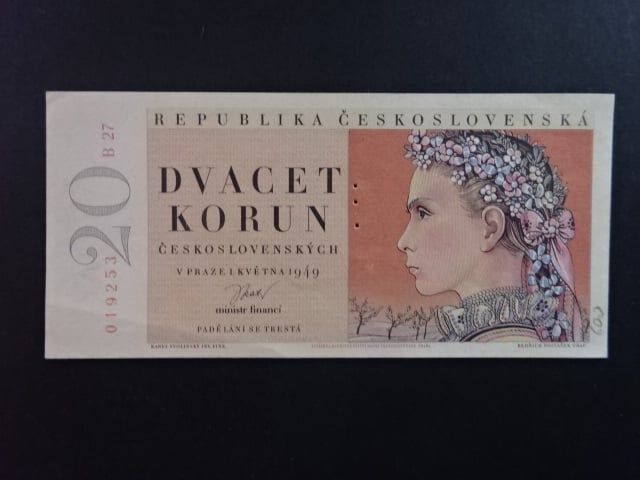20 Kčs 1949 série B 27, perf. "3md" nad sebou