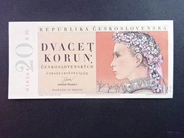 20 Kčs 1949 série B 30, perf. "3md" nad sebou