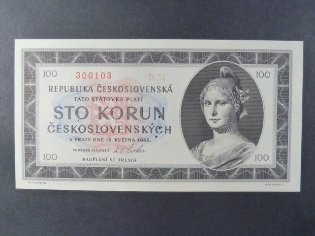 100 Kčs 1945 série B 31 perf. 3md do obloučku