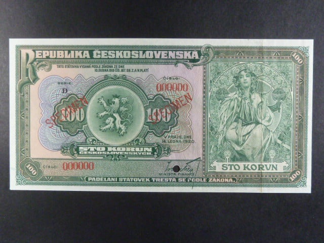 100 Kč 1920 série D anulát, 2x červený přetisk SPECIMEN, perf. otvor