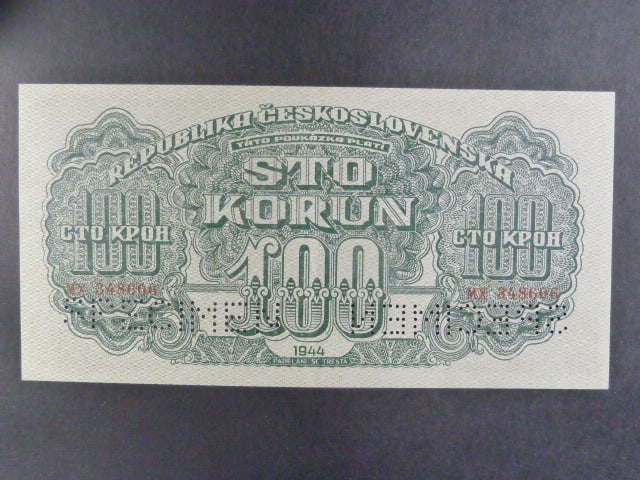 100 K 1944 série MX, číslovač 6b, 2x perf. SPECIMEN dole, chybotisk "TÁTO", vzácná variata perforace