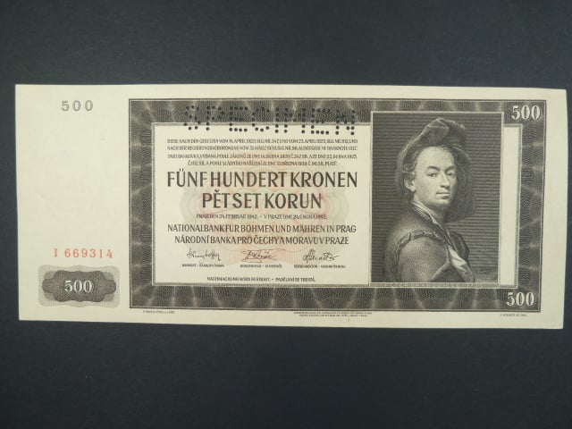 500 K 1942 série I, I. vydání, perf. SPECIMEN - bílý papír