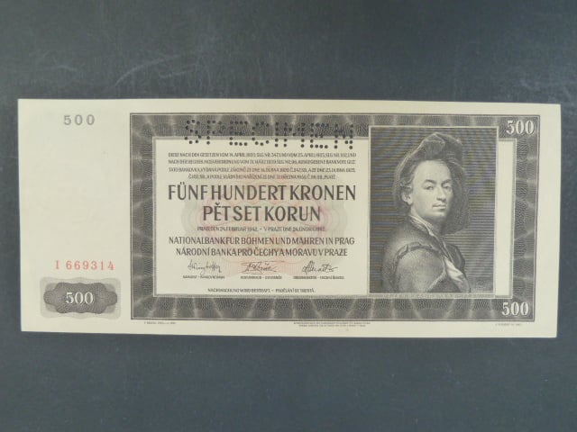500 K 1942 série I, I. vydání, perf. SPECIMEN - žlutý papír