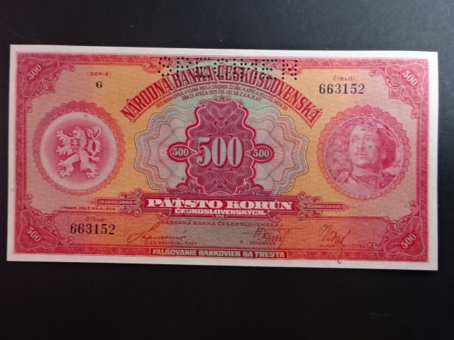 500 Kč 1929 série G, 1x perf. SPECIMEN