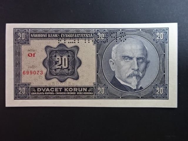 20 Kč 1.10.1926 série Of, perf. SPECIMEN z rubu