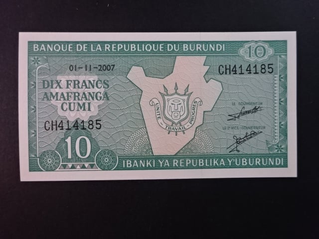 BURUNDI, 10 Francs 2007, BNB. B214l, Pi. 33