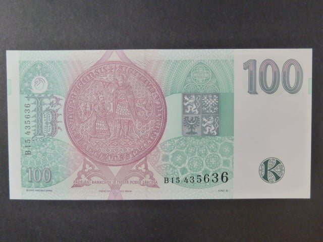 100 Kč 1995 série B 15, chybotisk "bez průsvitky", otočený papír o 180 stupňů