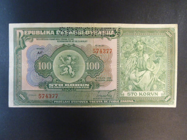 100 Kč 1920 série Af, 1x perf. SPECIMEN