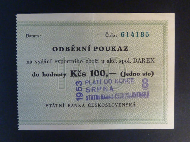 Darex, odběrní poukaz 100 Kčs s raz." PLATÍ DO KONCE SRPNA 1953 STÁTNÍ BANKA ČESKOSLOVENSKÁ / 8", zelený číslovač, český text se spodním řádkem "STÁTNÍ BANKA ČESKOSLOVENSKÁ", vodoznak "lomený", vzácný