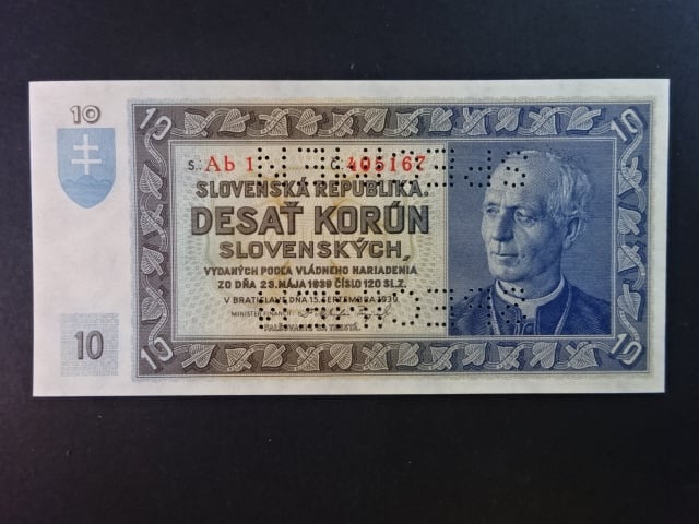 10 Ks 1939 série Ab 1, bankovní vzor s 2x perf. SPECIMEN