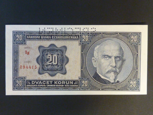 20 Kč 1926 série Ig, perf. SPECIMEN z líce