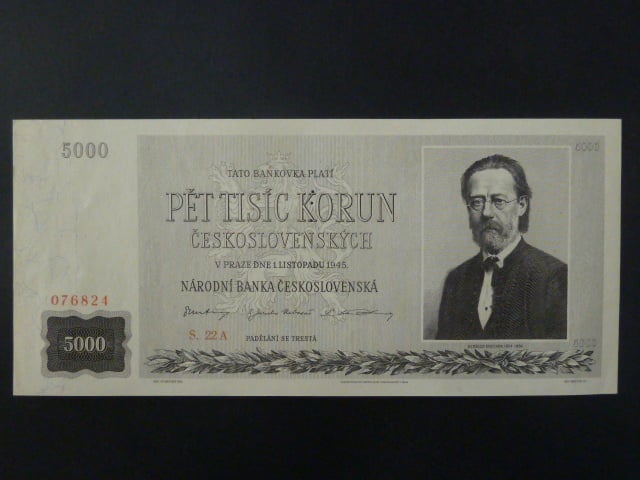 5000 Kčs 1.11.1945 série 22 A s perf. 3md nad sebou