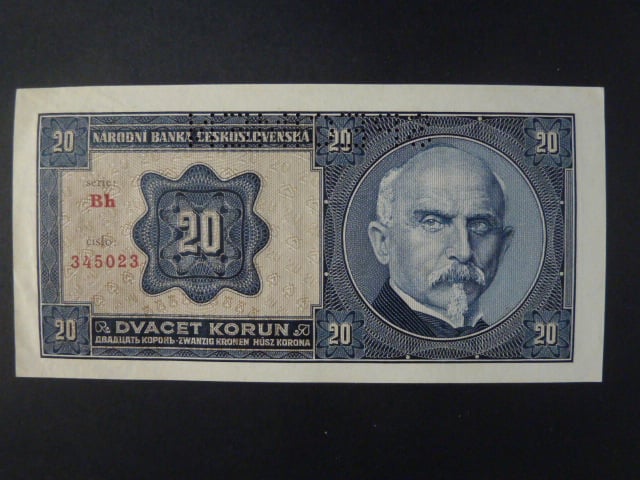 20 Kč 1.10.1926 série Bh, perf. SPECIMEN z líce