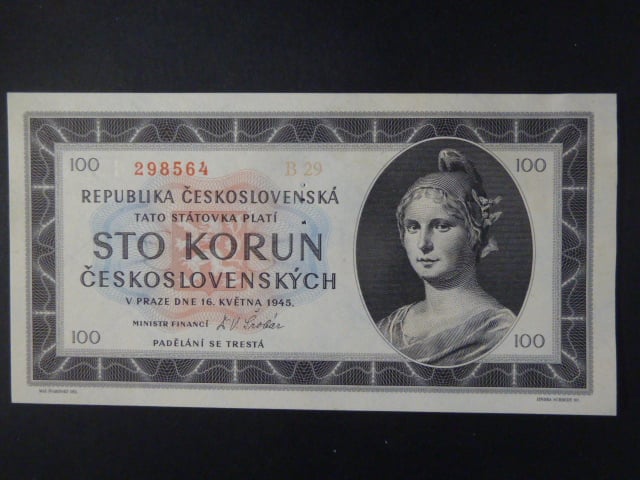 100 Kčs 1945 série B 29, perf. "3md" nad sebou