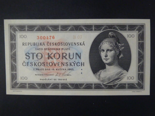 100 Kčs 1945 série B 07 perf. 3md nad sebou