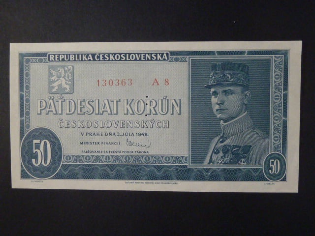 50 Kčs 3.7.1948, serie A 8, perf. 3md  nad sebou