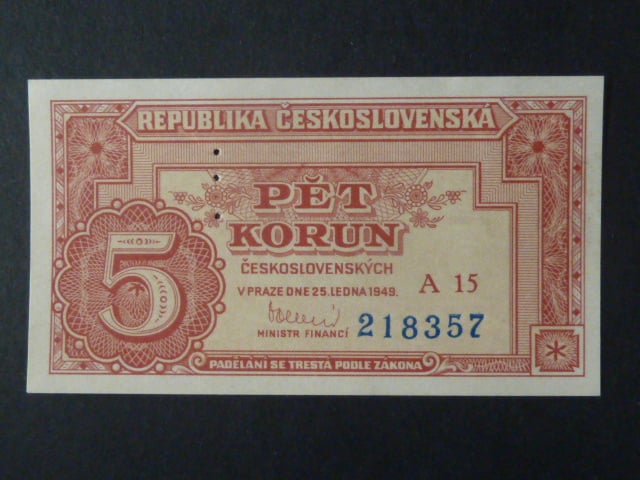 5 Kčs 25.1.1949 série A 15 s perf. 3md nad sebou