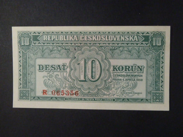 10 Kčs 4.4.1950 série R, perf. 3md nad sebou